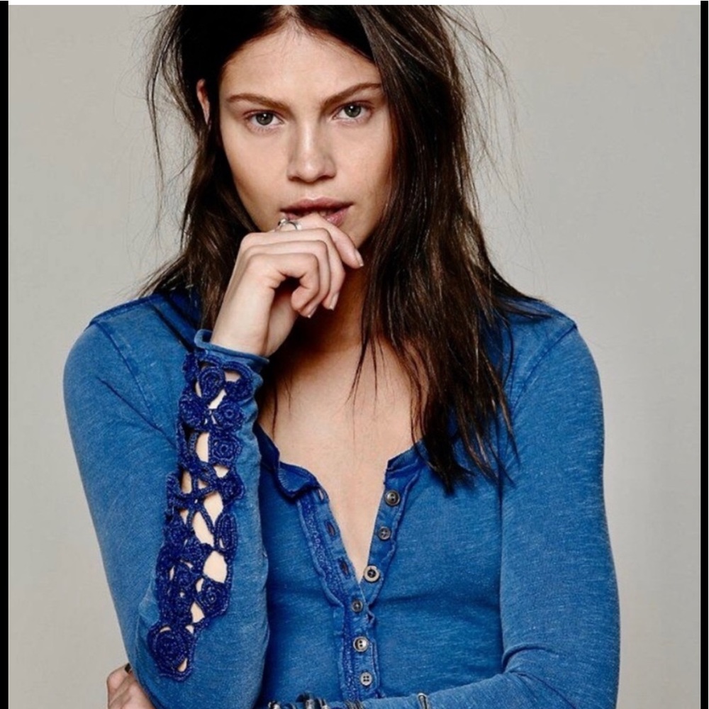 Free People Henley Blue crochet embroidered long sleeve top S